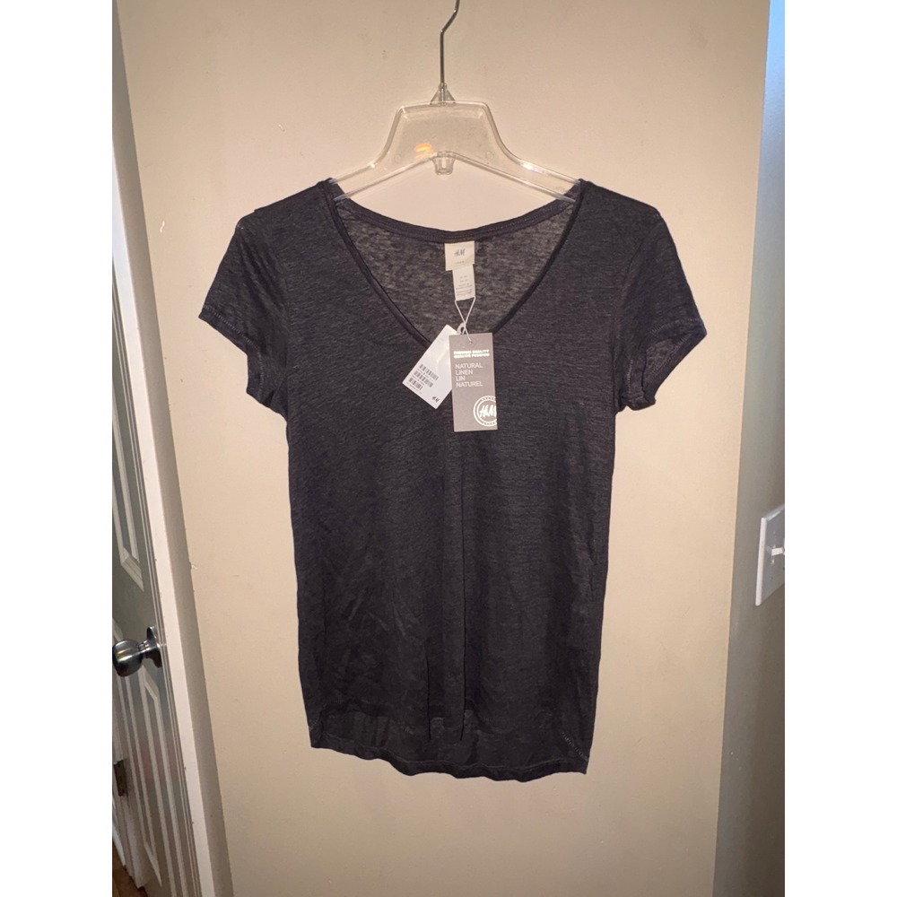 HM LOGG Women XS Charcoal Grey 100% Natural Linen Short Sleeve T-Shirt NWT